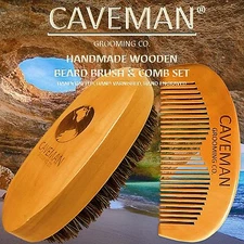 Handcrafted Natural Fine Tooth Wooden Beard Comb + Beard Brush by Caveman