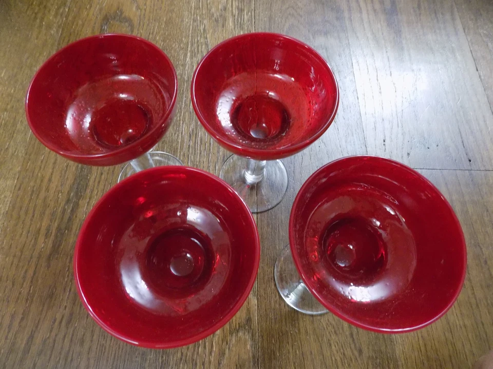 Lote Juego 4 Vidrio Artístico Burbuja Roja Soplado a Mano Grande 7" Vidrio Margarita con Vástago Transparente Foto 2 de 4