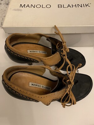 Manolo Blahniks 39 1/2 Leather Lace Front Effect Bicolour Sandals