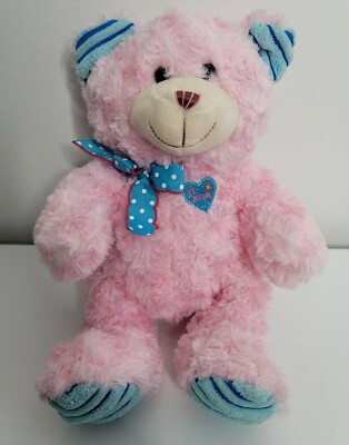 #1 Mom Pink Blue Ribbon Cute Soft Bear 13'' Plush Stuffed Animal Toy Mother's Day