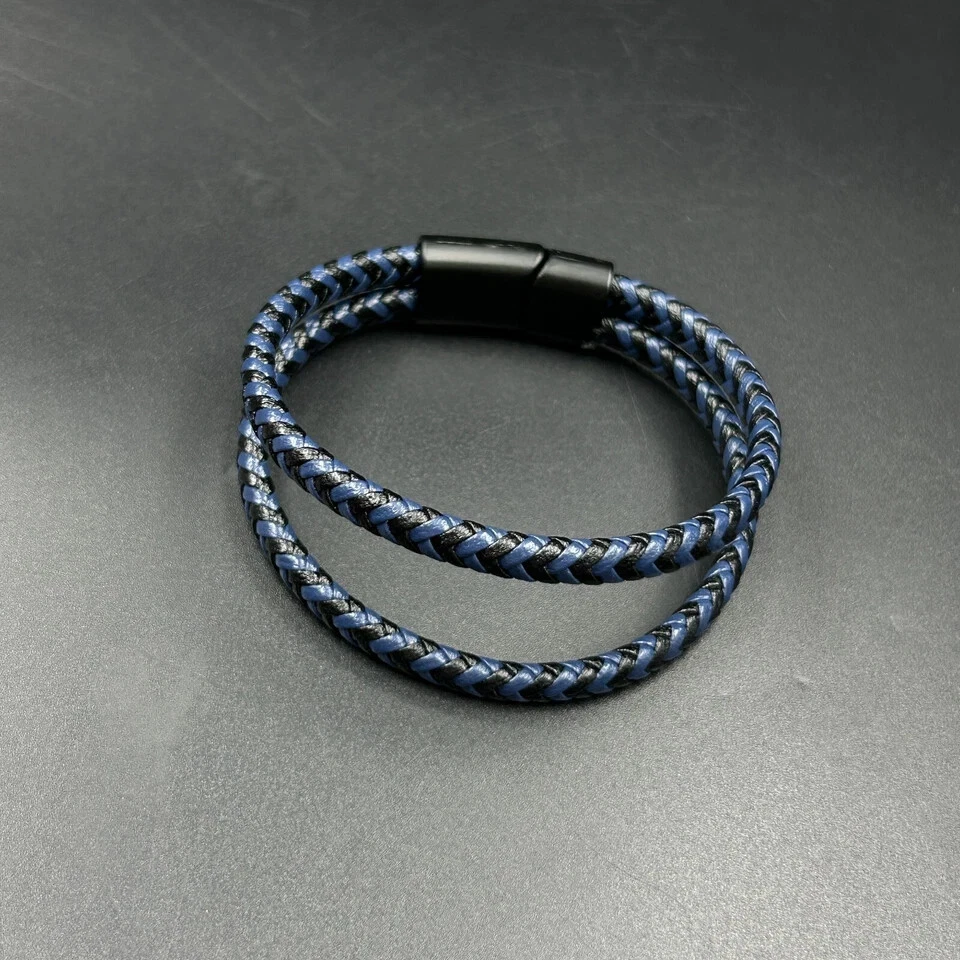 Pulsera pulsera trenzada de cuero azul negro para hombre acabado oro negro 14K Foto 4 de 4