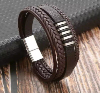 Stainless Leather Bracelet 8.5'' Unisex Brown Braided Link Magnetic Clasp Jewelry