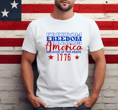 Men’s or Women’s July 4th T-Shirt - "FREEDOM America Because of the Brave 1776" - 第 1/9 張圖片
