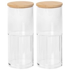 2x Reusable Plastic Stacking Bathroom Canisters with Bamboo Lid Cotton Bud Pad