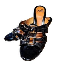 Women's Sofft Leather Sandals Slide On Open Toe Kitten Wedge Heel Size 9.5 Shoes