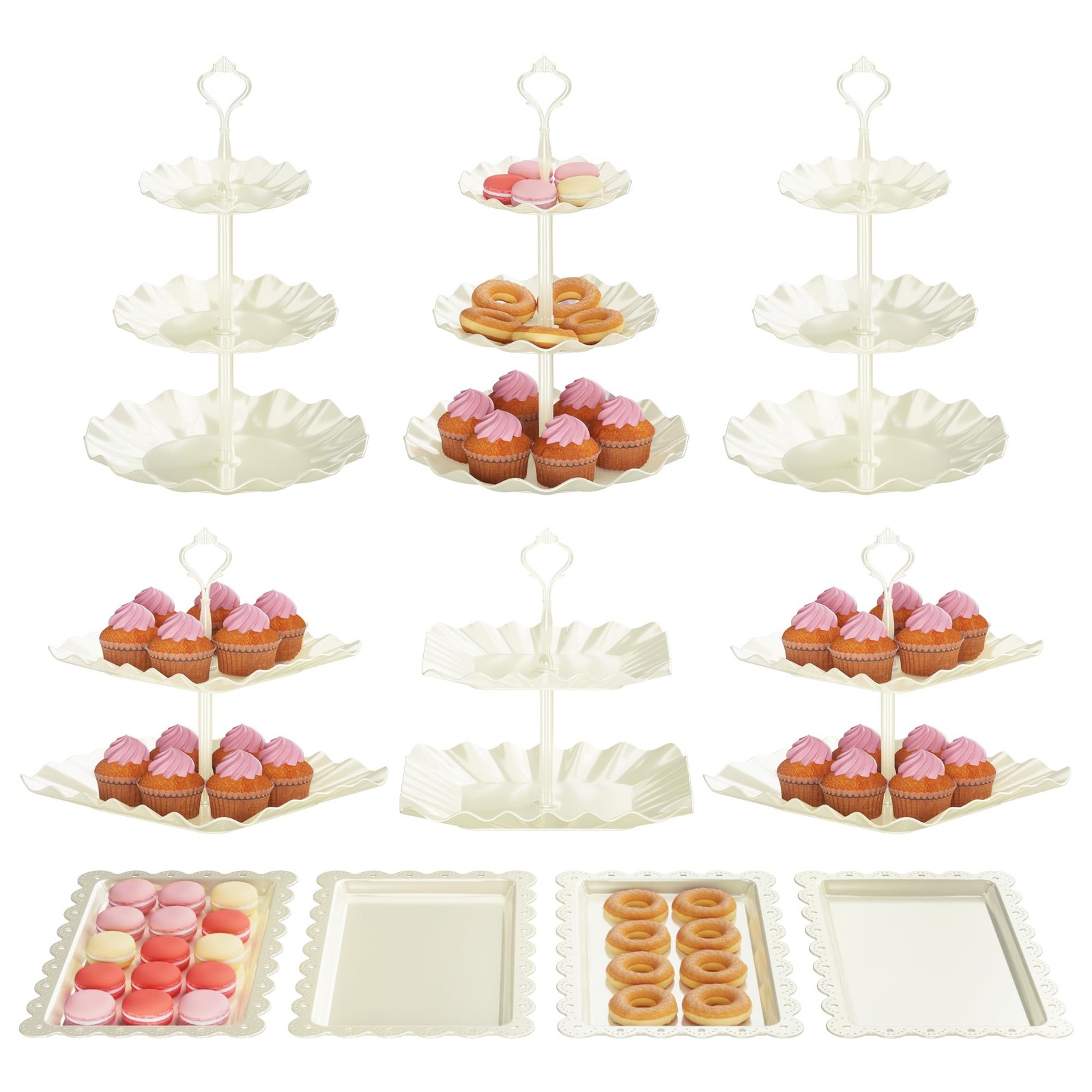 10 Pack Cake Stand Set with 3 x Two-Tier and 3 x Three-Tier Cupcake White