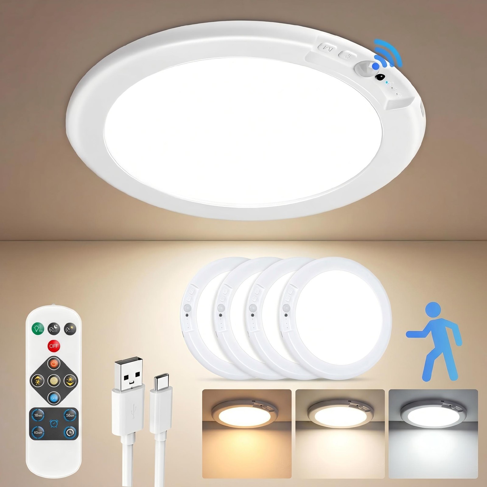 GMOX Rechargeable Motion Sensor Ceiling Light 2/4Pack with Remote