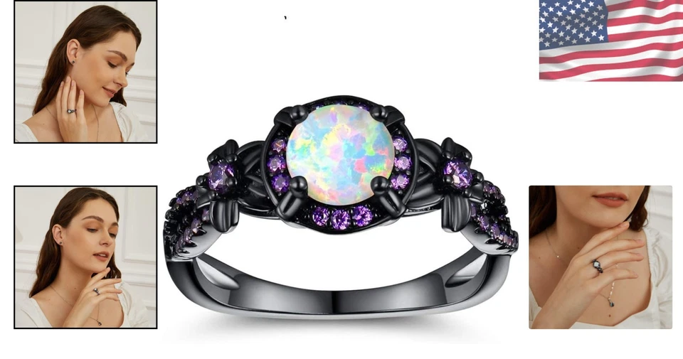 Hypoallergenic Created Opal Ring - 18K Black Gold Plated with Floral Design - Image 2 of 4