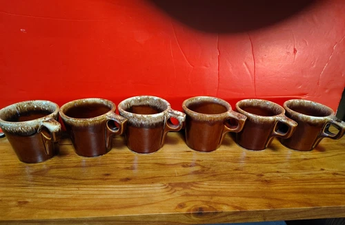 Lot of 6 Vintage Hull Brown Drip Glaze Pottery Coffee Mugs USA EUC