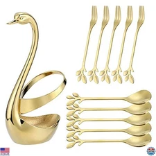 AnSaw Gold Swan Base Holder Set - 10 Mini 4.7" Teaspoons & Forks for Appetizers