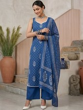 Indian Women Blue Cotton Ethnic Motifs Printed Kurta With Palazzo  Dupatta
