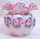 Fenton Charleton Melon Peach Crest Ruffled Edge Painted Rose Bowl Vase       740