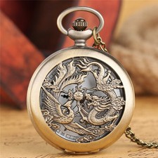 Unique Phoenix and Dragon Hollow Quartz Pocket Watch with Necklace Chain Gifts