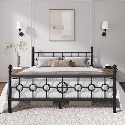 King Size Bed Frame Metal Platform Bed with Retro Circular Headboard & Footboard