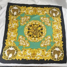 Vintage Silk Scarf 34 In.  Baroque Leopard Print Gold Scroll Hand Rolled Hem