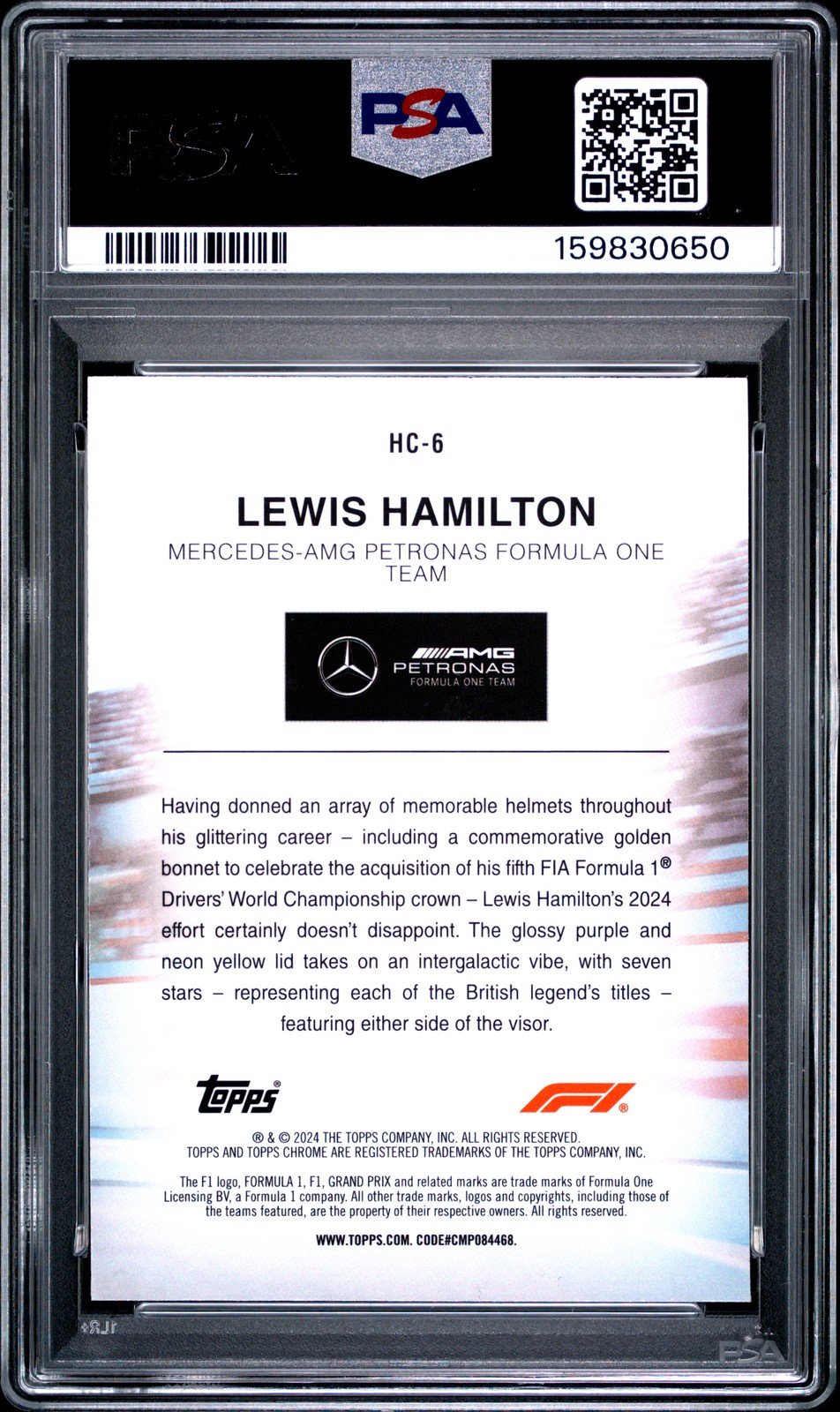 2024 TOPPS CHROME FORMULA 1 HELMET COLLECTION #HC6 LEWIS HAMILTON PSA 10 view 2
