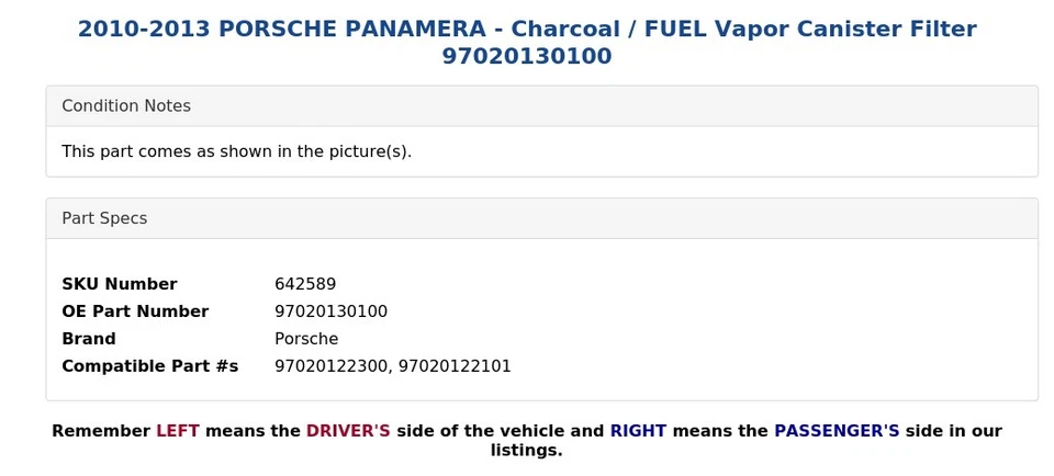 2010-2013 PORSCHE PANAMERA - Filtro de bote de vapor carbón / combustible 97020130100 Foto 3 de 4
