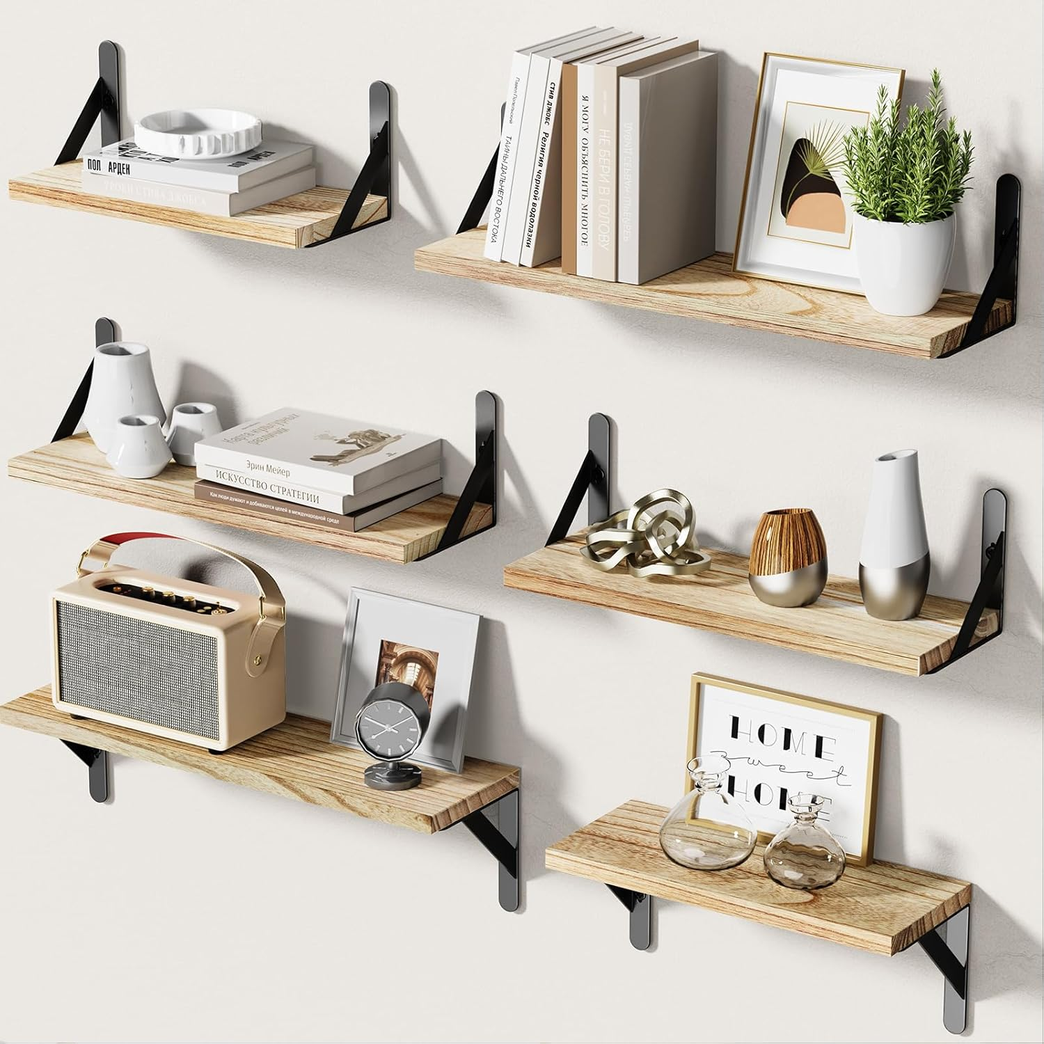 6-Pack Rustic Farmhouse Floating Wood Wall Shelves