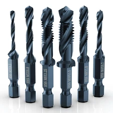 Combination Drill Tap & Tap Bit Set, 6 Pack 3-In-1 Anti-Rust Black Titanium Coat