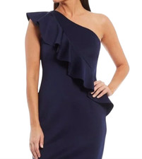 JESSICA HOWARD Navy Blue Cocktail Midi Dress ONE SHOULDER RUFLLE Scuba Sheath 6