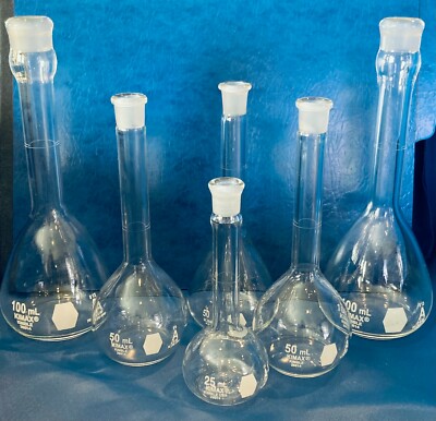 *Set of 6* Kimble KIMAX 28014 Volumetric Flasks, Class A, 25 mL, 50mL, 100mL