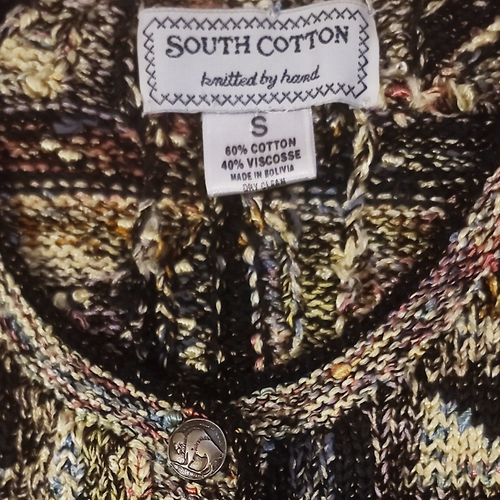 SOUTH COTTON Upcycled Buffalo Nickel Buttons Hand-Knit Cotton Cardigan Sweater - Picture 15 of 15
