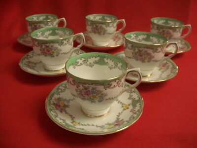6 VINTAGE SALISBURY FEINES BONE CHINA ~ CHELSEA ~ GRÜN/GOLDRAND TEETASSE & UNTERTASSE