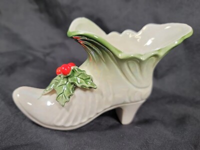 Vintage WOLIN Japan Christmas Holly Berry 3'' Victorian Boot Shoe Vase Planter