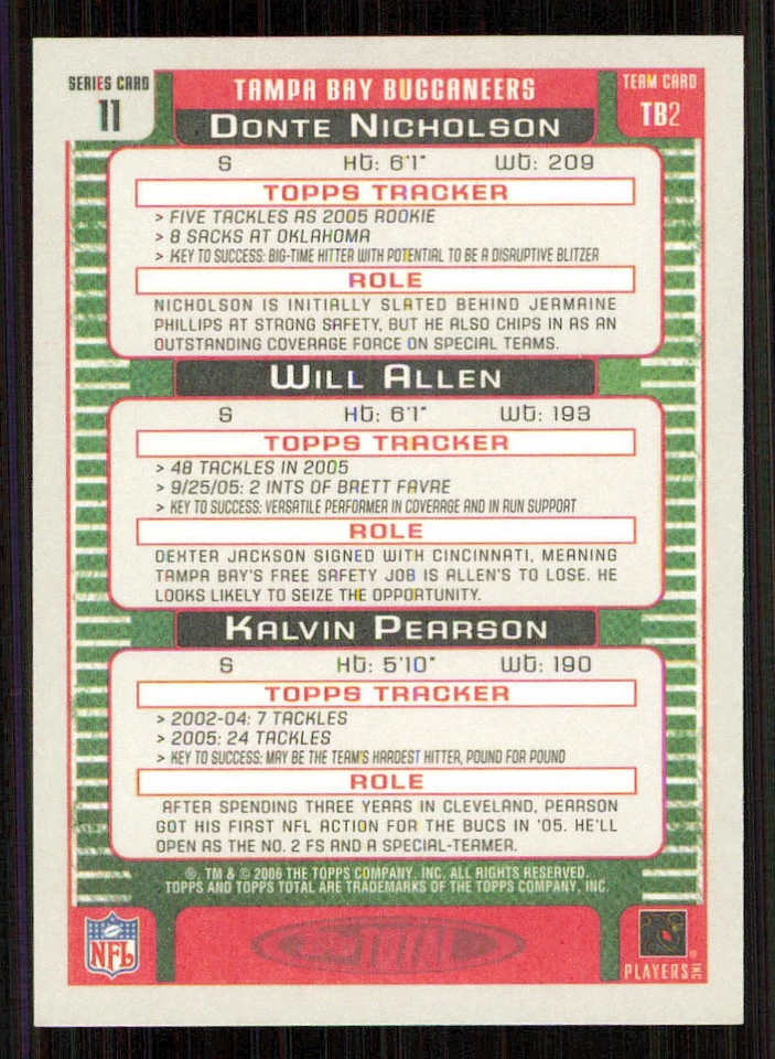 2006 Topps Total Red #11 Donte Nicholson/Kalvin Pearson/Will Allen - Image 2 of 2