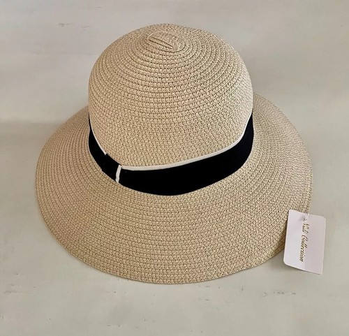 Sun Hat Beige Church Congregation Women's Paper Straw Black White Ribbon - Picture 2 of 9