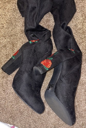 WILD DIVA-Black Suede Thigh High Rose Embroidered High Heel Boots-Size 6.5 - Picture 6 of 8