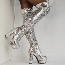 Women Over High Platform Boots Show Thick High Heels Side Zip Sequined Over Knee