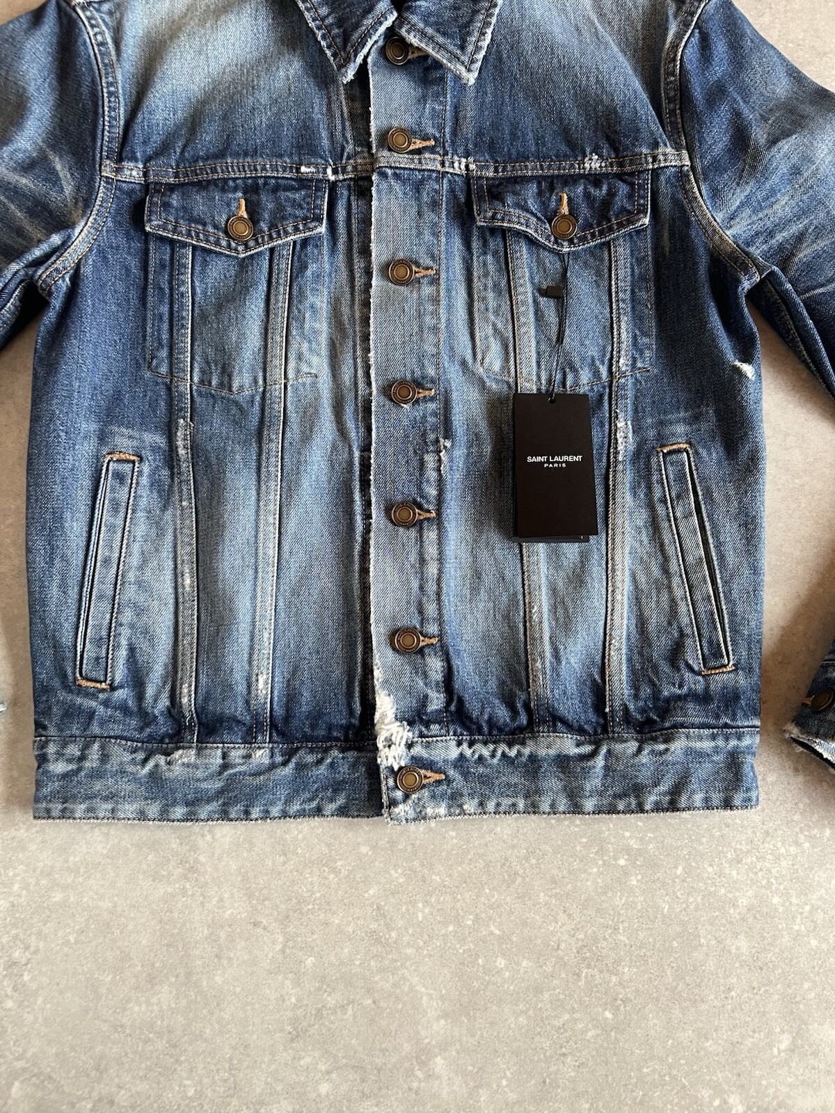 Giacca di jeans Saint Laurent California blu invecchiato taglia small prezzo consigliato £ 725