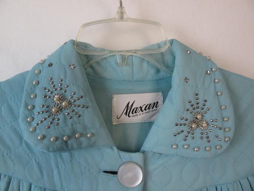 Vintage 40er Maxan Morgenmantel Hausmantel gesteppt blau Gr. M-L MÄNGEL - Bild 1 von 18