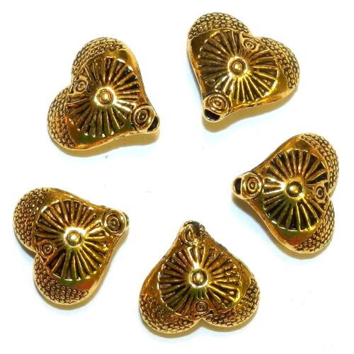 MB598 Antiqued Gold 12mm 2-Sided Sunburst Embellished Heart Metal Beads 25pc - Picture 2 of 5