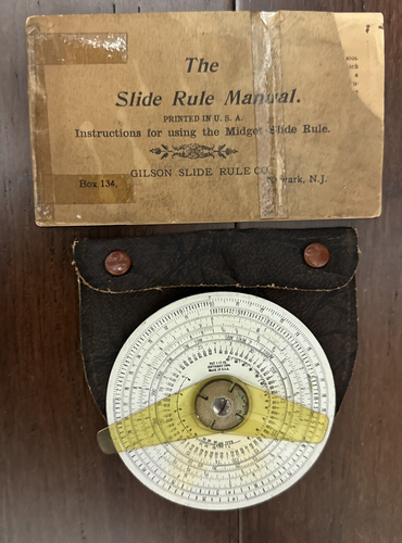 The Midget Slide Rule by Gilson Slide Rule Co. 1935 w/ Leather Case & Manual