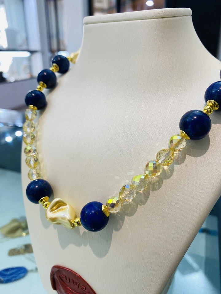 Collana Choker Lapislazzuli Perle Barocche Gold Ematite Argento Sterling - Immagine 3 di 4