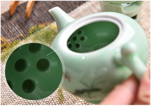 Longquan Celadon Tea Pot Handpainted Floral Ceramic Pot 7 Infuser Holes 220ml - Picture 3 of 10