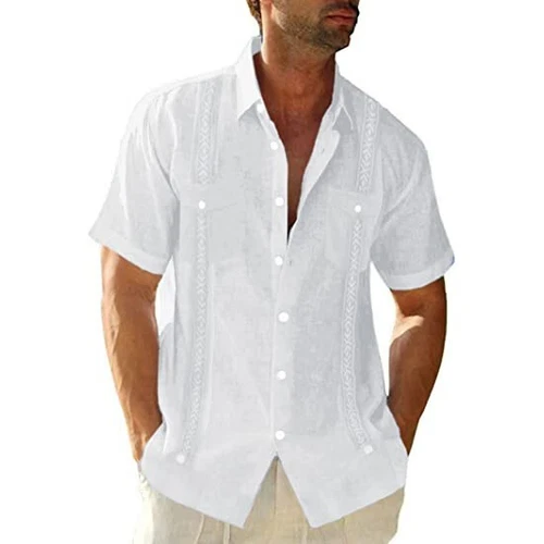 Men's Guayabera Cuban Beach Wedding Short Sleeve Button Up Casual Dress Shirt - Picture 9 of 30