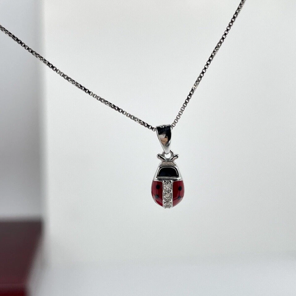 Collana coccinella rossa portafortuna puntiluce brillanti femminile argento 925. - Immagine 3 di 4