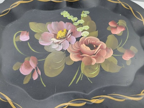 Vintage Black Toleware Metal Serving Tray Handles Handpainted Pink Floral 16X11" - Picture 2 of 11