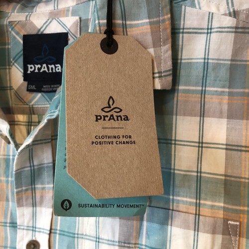 PrAna Men’s Small Short Sleeve Plaid Brand New Button Collar Shirt Azurite Teal - Picture 14 of 15
