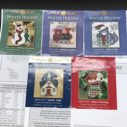 5 MILL HILL Winter Holiday Beaded Cross Stitch Patterns Only Kitty Snowman Train