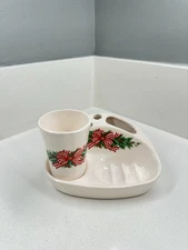 Vintage Ceramic Christmas Vanity Set – Toothbrush Holder & Cup – Holly Red Bow