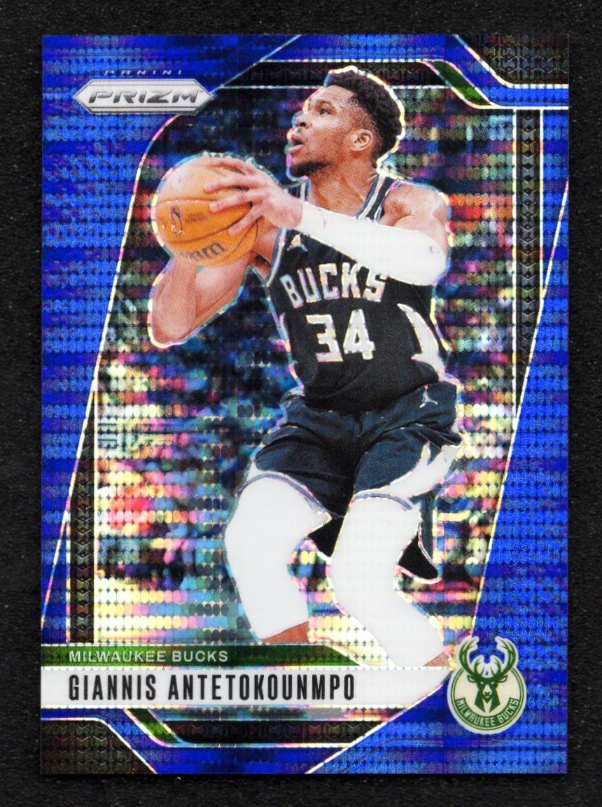 2024-25 Prizm Giannis Antetokounmpo Blue Pulsar Prizm SP Stamped /99 Card 85