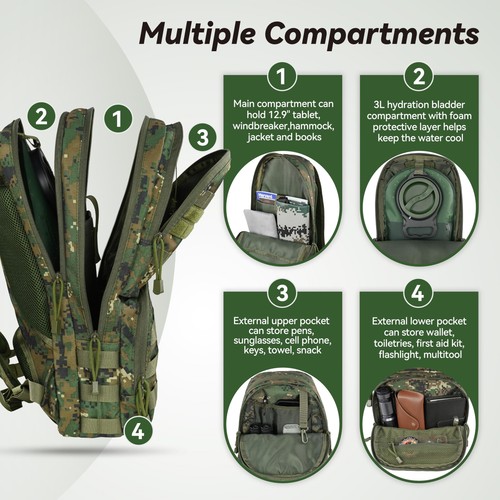 Tactical Molle Hydration Pack con vescica d'acqua 3L TPU, zaino militare per... - Foto 4 di 6