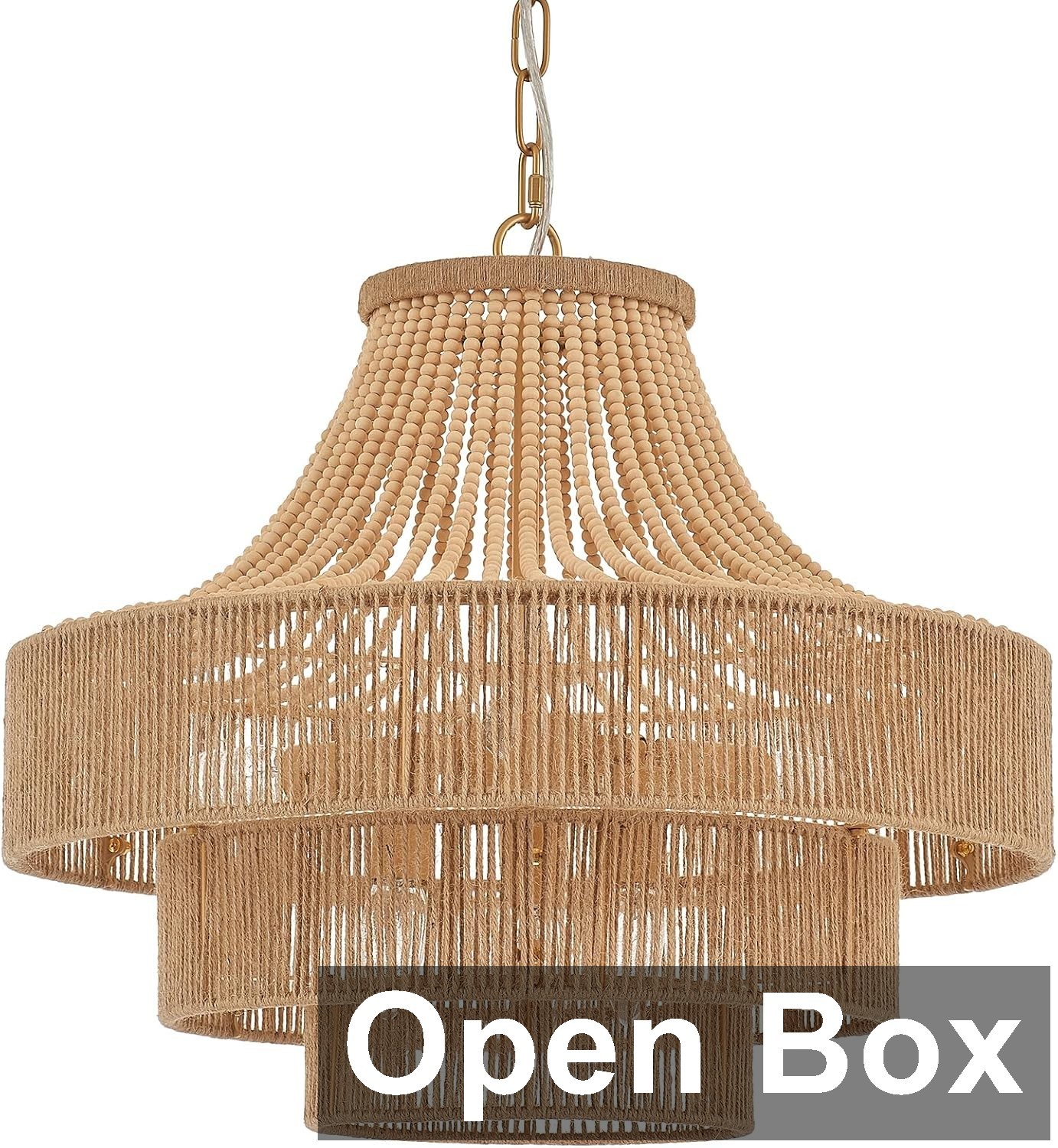 ELYCCUPA Wood Beaded Rattan Chandelier Boho Hand Woven Pendant Light 6-Lights