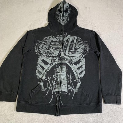 Y2K Power Art Hoodie Mens M Black Full Zip Skeleton Skull Graphic Fleece Gothic
