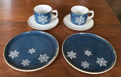 Set Of 2 Lubiana Poland Tea Cup, Saucer And Plate Christmas Snowflakes Blue