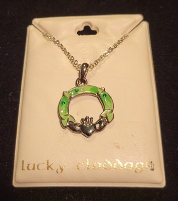 Solvar Lucky Claddagh Sterling green enamel with stones pendant with 18  chain